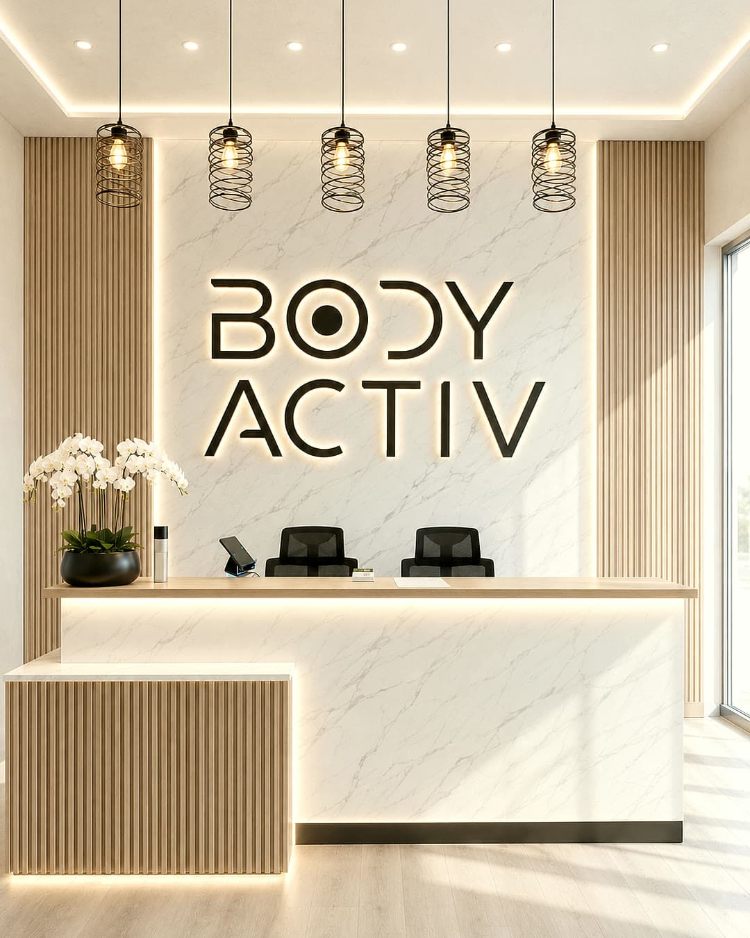 Backlit marble reception desk beneath the brass Body Activ wordmark